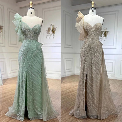 Serene Hill One-Shoulder nude Mermaid With Overskirt Beaded Evening Dress Gown for Women&