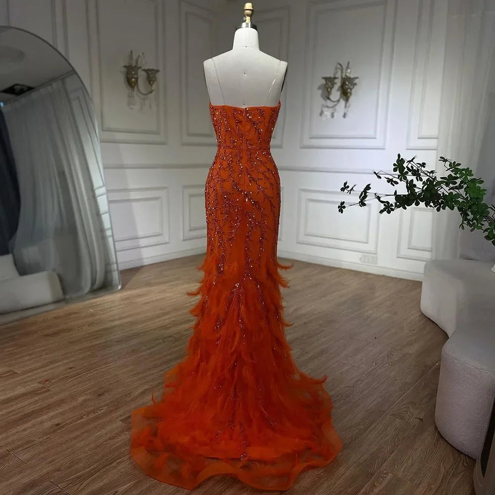 Serene Hill Orange Spaghetti Strap Mermaid Evening Dresses Gowns Luxury Feathers Beaded for Women Wedding Party 2025 LA72272 - SERENE HILL