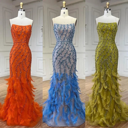 Serene Hill Orange Spaghetti Strap Mermaid Evening Dresses Gowns Luxury Feathers Beaded for Women Wedding Party 2025 LA72272 - SERENE HILL