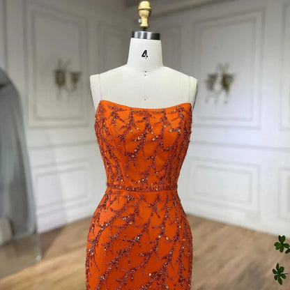 Serene Hill Orange Spaghetti Strap Mermaid Evening Dresses Gowns Luxury Feathers Beaded for Women Wedding Party 2025 LA72272 - SERENE HILL