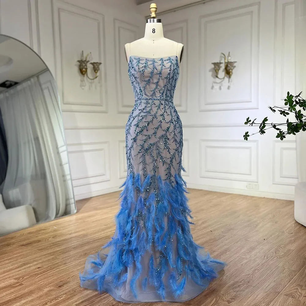 Serene Hill Orange Spaghetti Strap Mermaid Evening Dresses Gowns Luxury Feathers Beaded for Women Wedding Party 2025 LA72272 - SERENE HILL