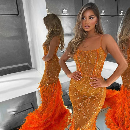 Serene Hill Orange Spaghetti Strap Mermaid Evening Dresses Gowns Luxury Feathers Beaded for Women Wedding Party 2025 LA72272 - SERENE HILL