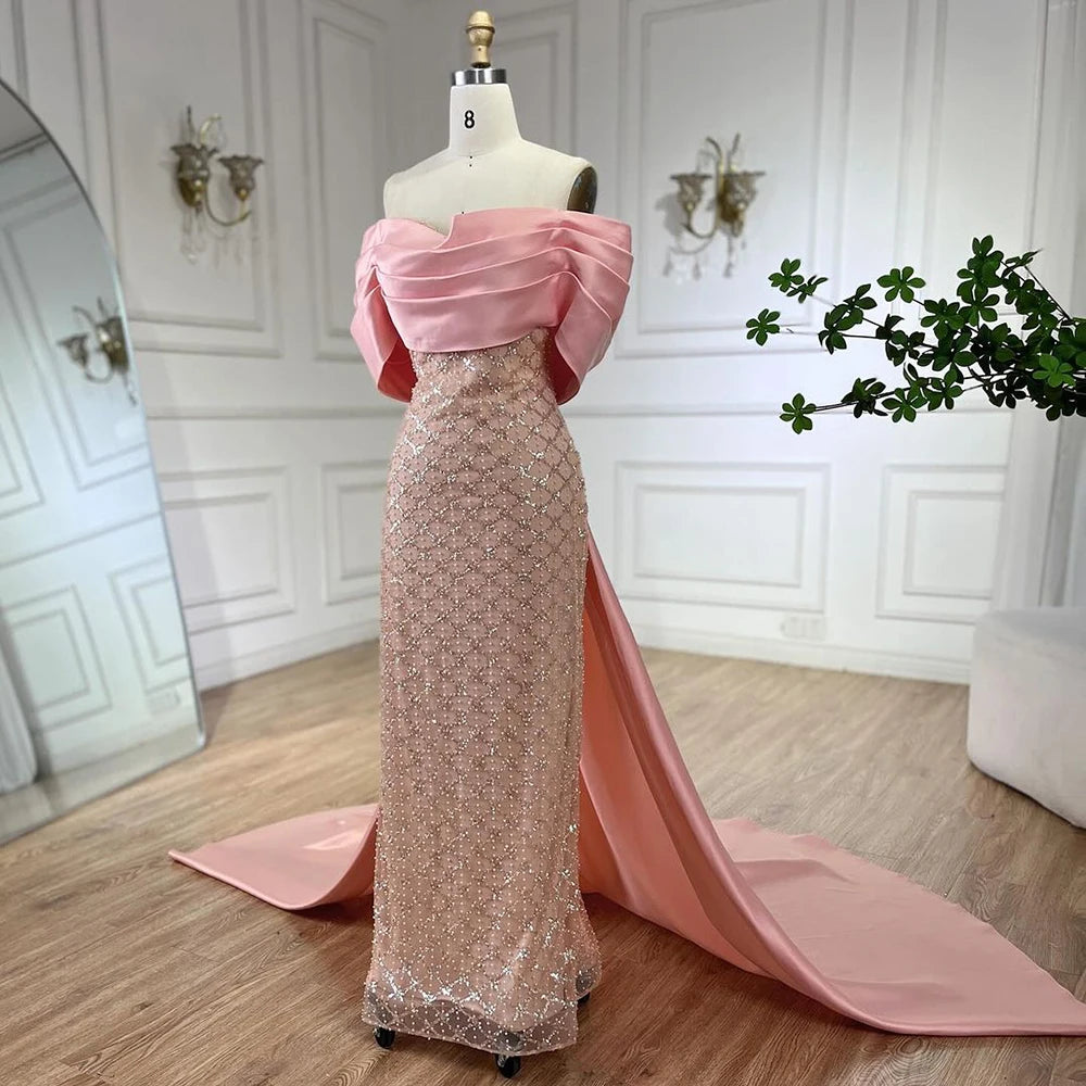 Luxury Off Shoulder Pink Evening Dress with Cape LA72325 - SERENE HILL