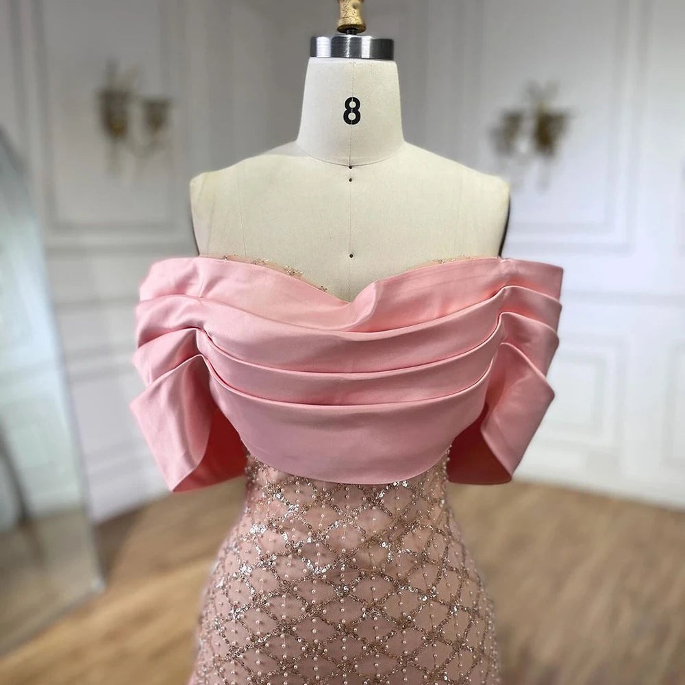 Luxury Off Shoulder Pink Evening Dress with Cape LA72325 - SERENE HILL