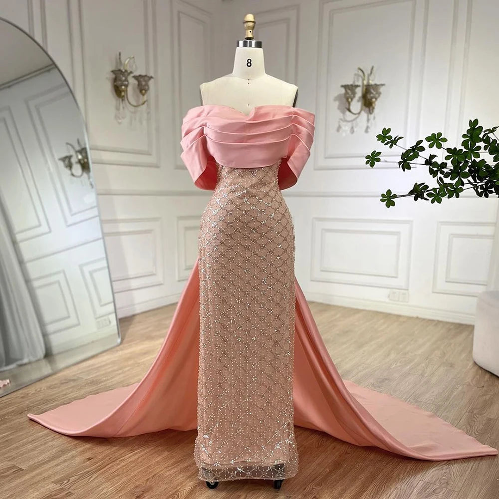 Luxury Off Shoulder Pink Evening Dress with Cape LA72325 Peach / 2 Luxury Off Shoulder Pink Evening Dress with Cape LA72325 Peach / 2
