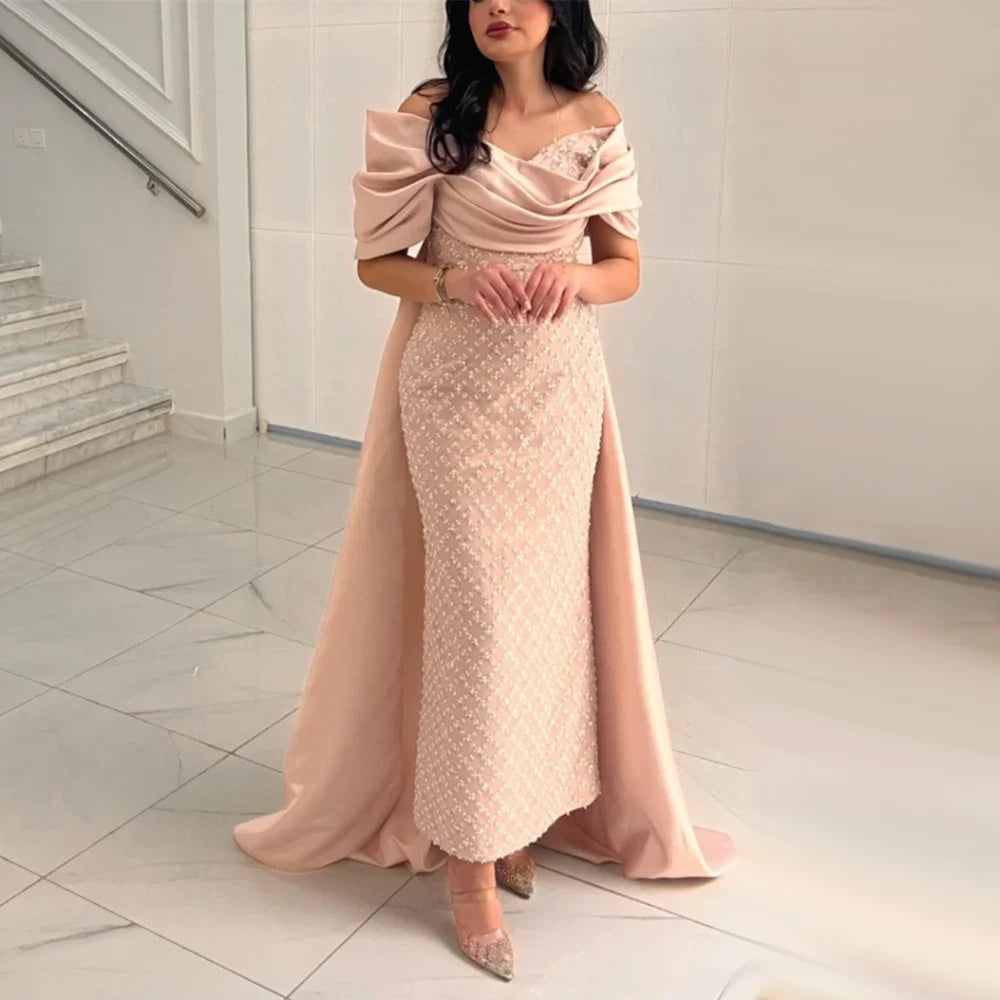 Luxury Off Shoulder Pink Evening Dress with Cape LA72325 - SERENE HILL