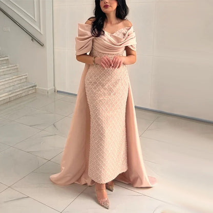 Luxury Off Shoulder Pink Evening Dress with Cape LA72325 - SERENE HILL