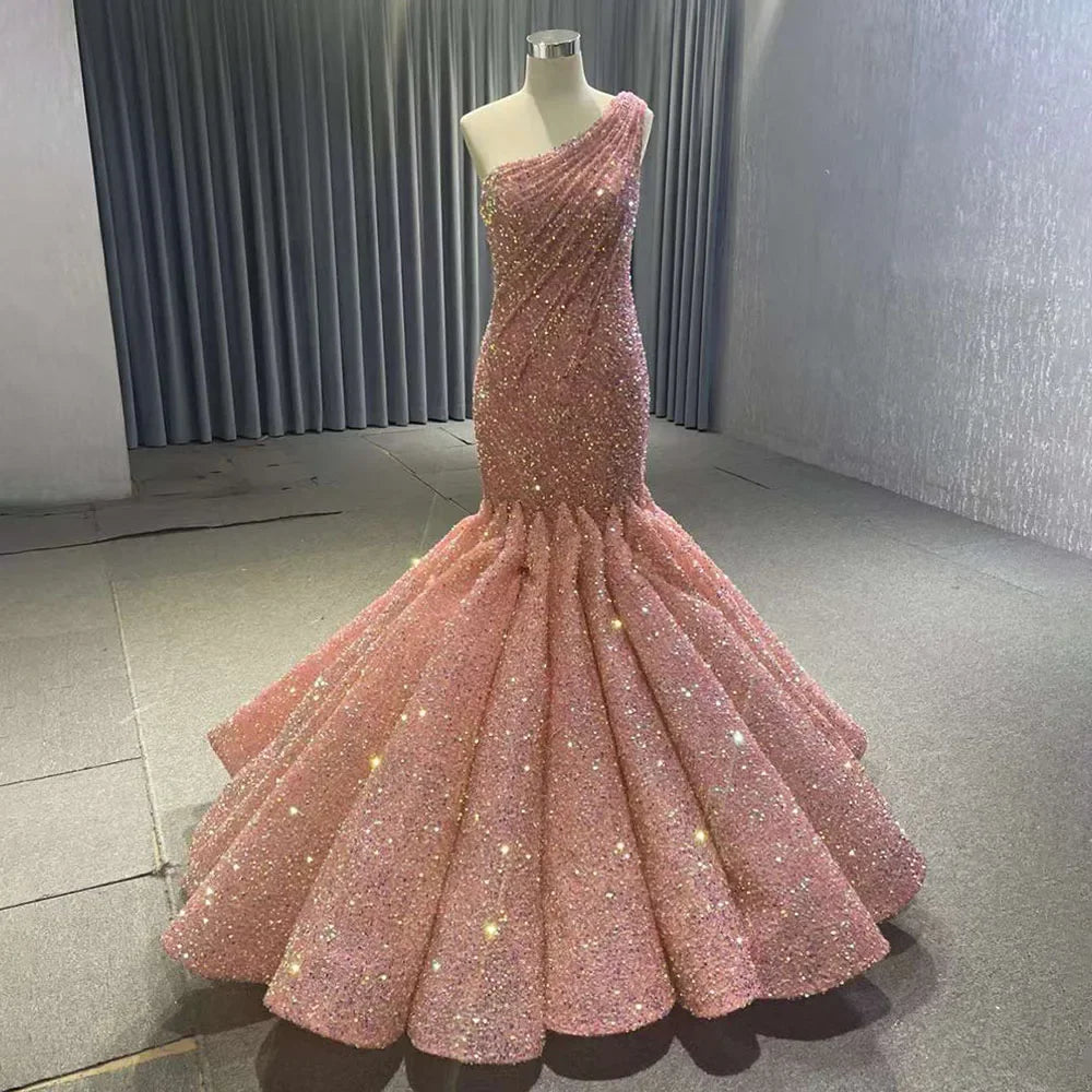 Serene Hill PeachOne Shoulder Lace Up Sequined Beaded Luxury Mermaid Bride Gowns Wedding Dress 2025 High End Custom Made HM67447 - SERENE HILL