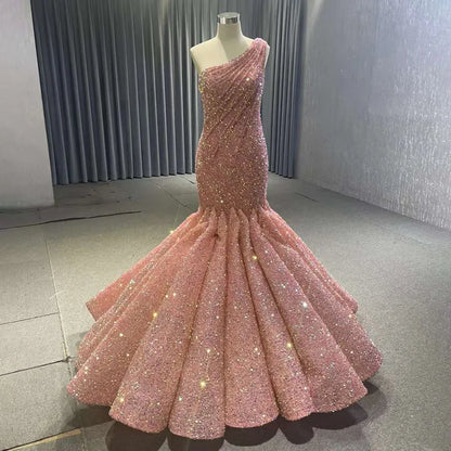 Serene Hill PeachOne Shoulder Lace Up Sequined Beaded Luxury Mermaid Bride Gowns Wedding Dress 2025 High End Custom Made HM67447 - SERENE HILL