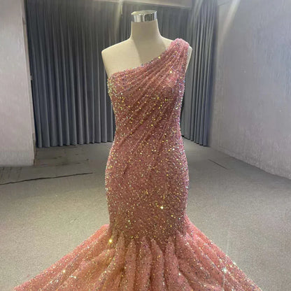 Serene Hill PeachOne Shoulder Lace Up Sequined Beaded Luxury Mermaid Bride Gowns Wedding Dress 2025 High End Custom Made HM67447 - SERENE HILL