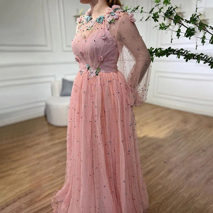 Serene Hill Pink A Line O Neck Long Sleeve Dubai Evening Dresses Design 2025 Handmade Flowers Pearls Evening Gowns LA60766 - SERENE HILL