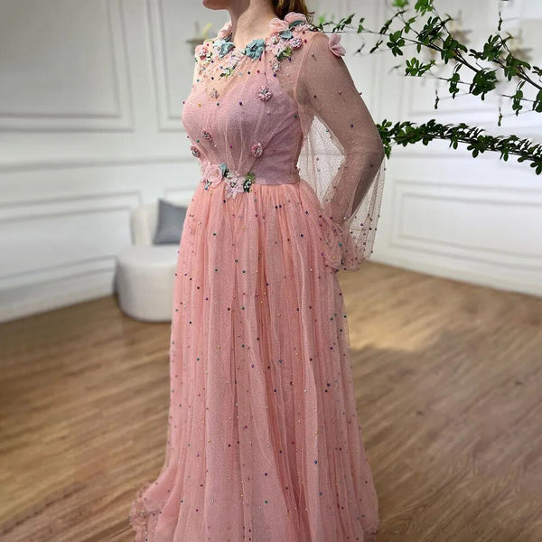 Serene Hill Pink  A Line O Neck Long Sleeve Dubai Evening Dresses Design 2025 Handmade Flowers Pearls Evening Gowns LA60766