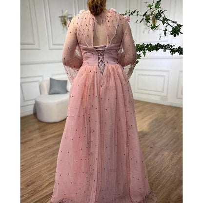 Serene Hill Pink A Line O Neck Long Sleeve Dubai Evening Dresses Design 2025 Handmade Flowers Pearls Evening Gowns LA60766 - SERENE HILL