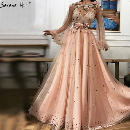 Serene Hill Pink A Line O Neck Long Sleeve Dubai Evening Dresses Design 2025 Handmade Flowers Pearls Evening Gowns LA60766 - SERENE HILL