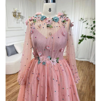 Serene Hill Pink A Line O Neck Long Sleeve Dubai Evening Dresses Design 2025 Handmade Flowers Pearls Evening Gowns LA60766 - SERENE HILL