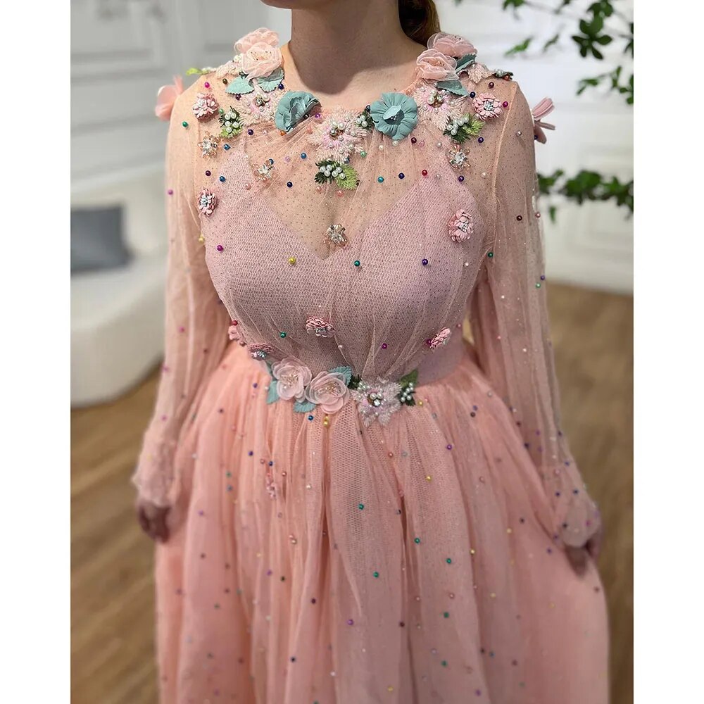 Serene Hill Pink A Line O Neck Long Sleeve Dubai Evening Dresses Design 2025 Handmade Flowers Pearls Evening Gowns LA60766 - SERENE HILL