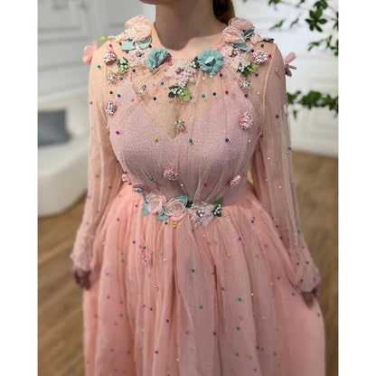 Serene Hill Pink A Line O Neck Long Sleeve Dubai Evening Dresses Design 2025 Handmade Flowers Pearls Evening Gowns LA60766 - SERENE HILL