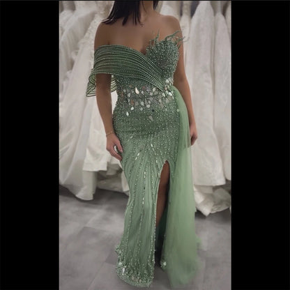 Luxury Dubai Pink Beaded One-Shoulder Mermaid Evening Gown with Slit and Tulle Detail for Formal Occasion LA72888 - SERENE HILL