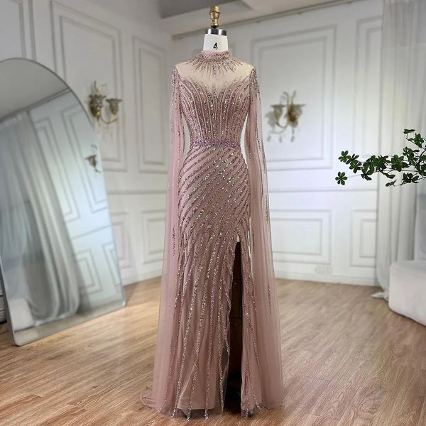 Serene Hill Pink Cape Sleeves Mermaid Split Beaded Luxury Dubai Long Evening Dresses Gowns for Women Wedding Party 2025 LA72449