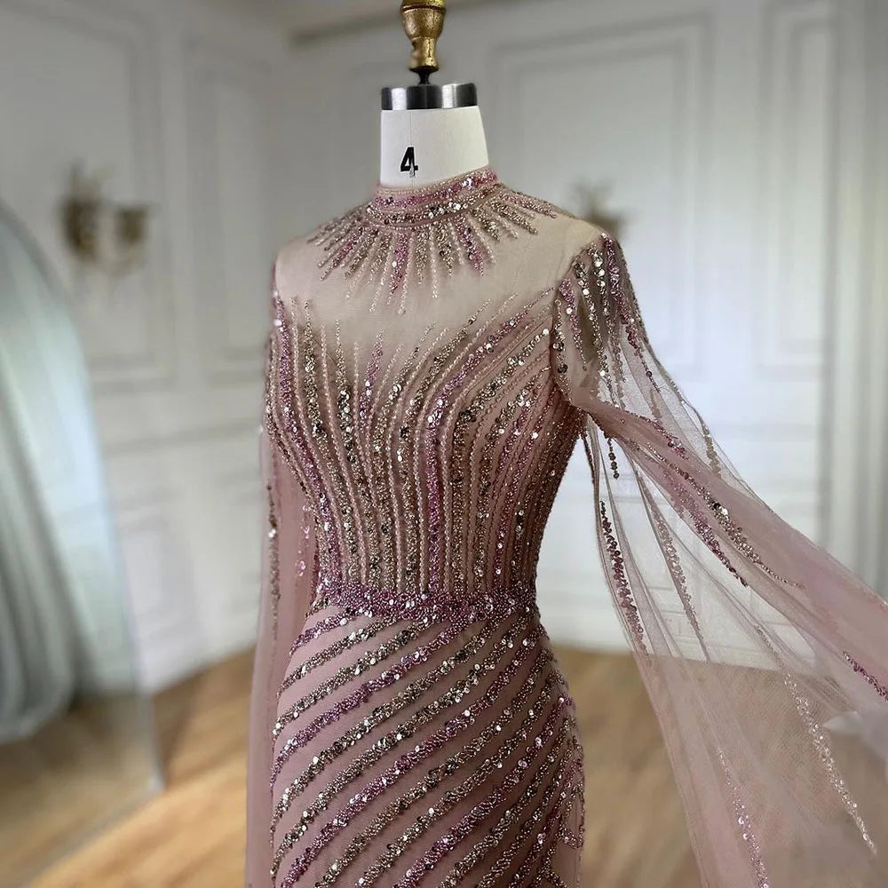 Serene Hill Pink Cape Sleeves Mermaid Split Beaded Luxury Dubai Long Evening Dresses Gowns for Women Wedding Party 2025 LA72449 - SERENE HILL