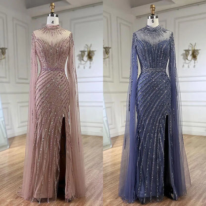 Serene Hill Pink Cape Sleeves Mermaid Split Beaded Luxury Dubai Long Evening Dresses Gowns for Women Wedding Party 2025 LA72449 - SERENE HILL