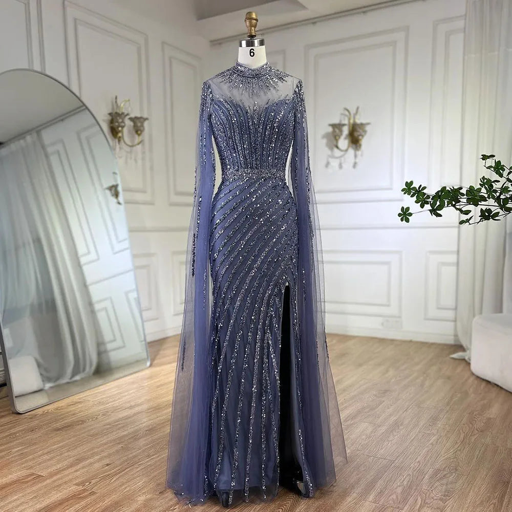 Serene Hill Pink Cape Sleeves Mermaid Split Beaded Luxury Dubai Long Evening Dresses Gowns for Women Wedding Party 2025 LA72449 - SERENE HILL