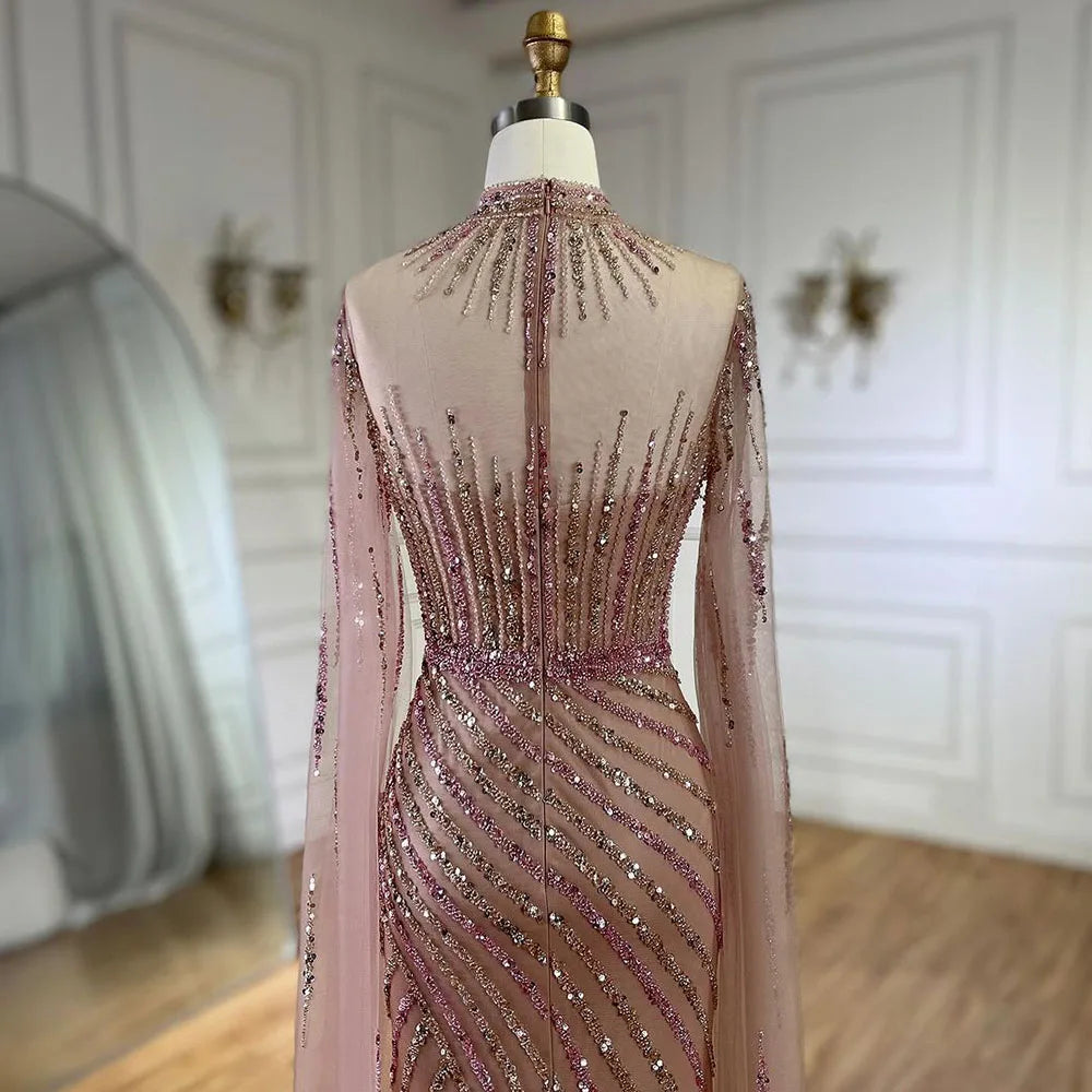 Serene Hill Pink Cape Sleeves Mermaid Split Beaded Luxury Dubai Long Evening Dresses Gowns for Women Wedding Party 2025 LA72449 - SERENE HILL