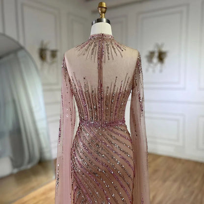 Serene Hill Pink Cape Sleeves Mermaid Split Beaded Luxury Dubai Long Evening Dresses Gowns for Women Wedding Party 2025 LA72449 - SERENE HILL