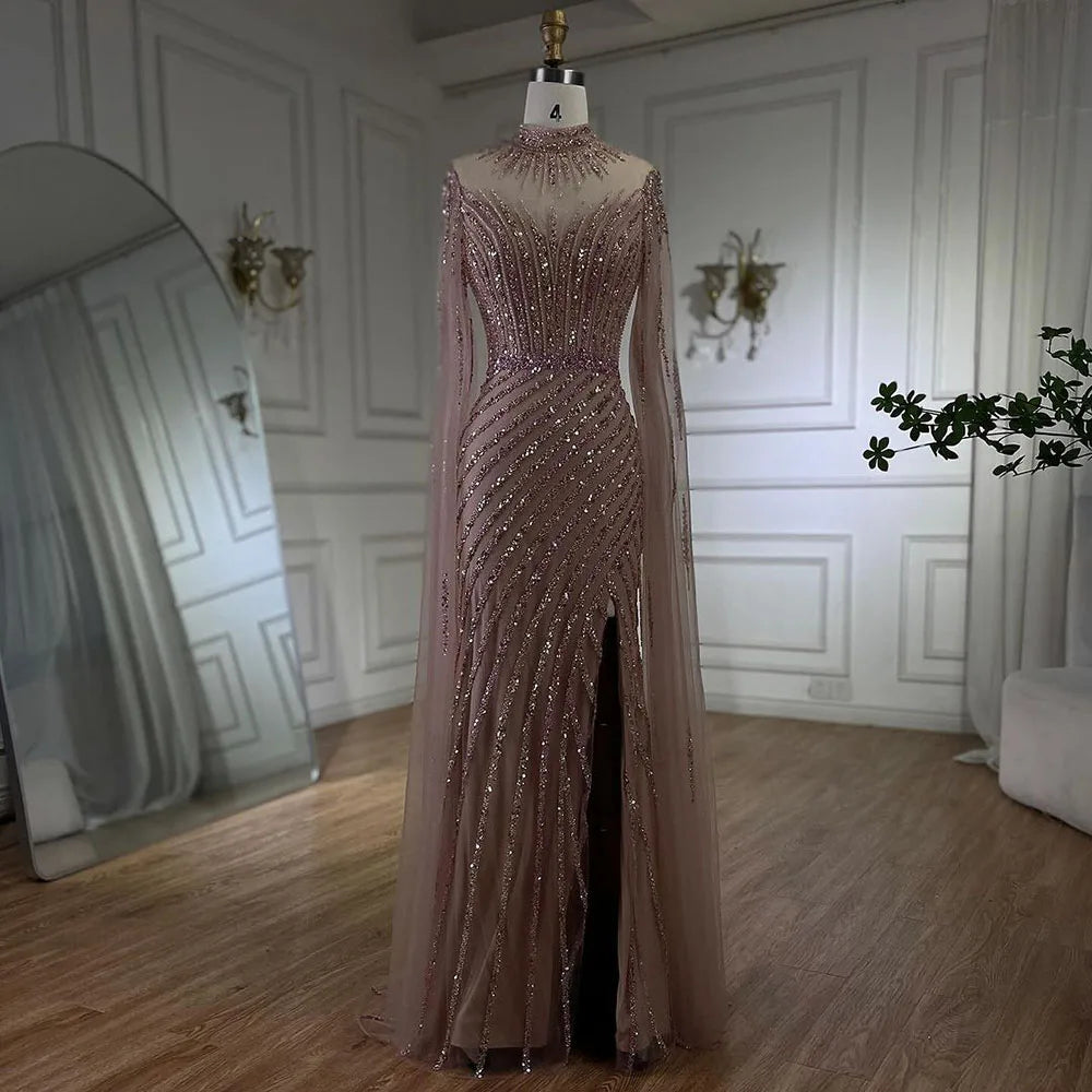 Serene Hill Pink Cape Sleeves Mermaid Split Beaded Luxury Dubai Long Evening Dresses Gowns for Women Wedding Party 2025 LA72449 - SERENE HILL