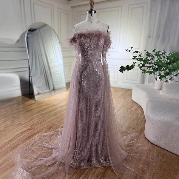 Feathers Mermaid Pink Evening Dresses with Cape Sleeves LA72169A