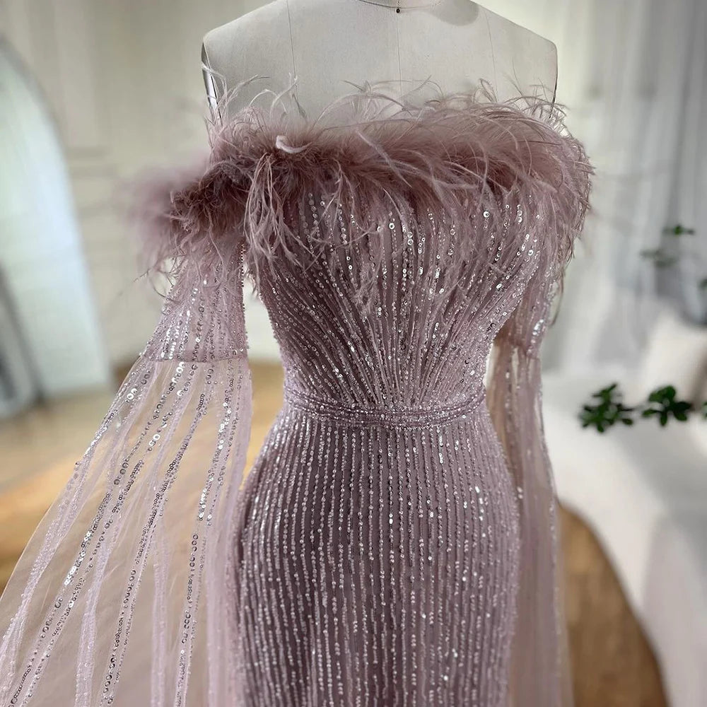 Feathers Mermaid Pink Evening Dresses with Cape Sleeves LA72169A - SERENE HILL