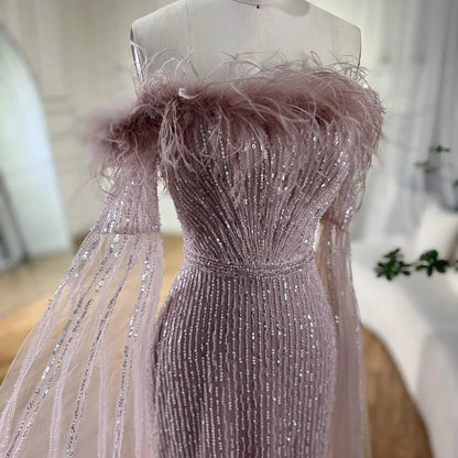 Feathers Mermaid Pink Evening Dresses with Cape Sleeves LA72169A - SERENE HILL