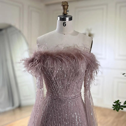 Feathers Mermaid Pink Evening Dresses with Cape Sleeves LA72169A - SERENE HILL