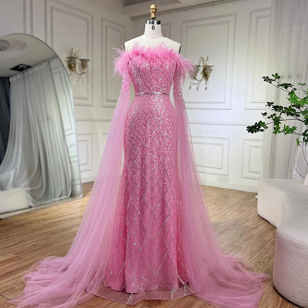 Luxury Feather Pink Evening Dress with Cape Sleeves LA72169B
