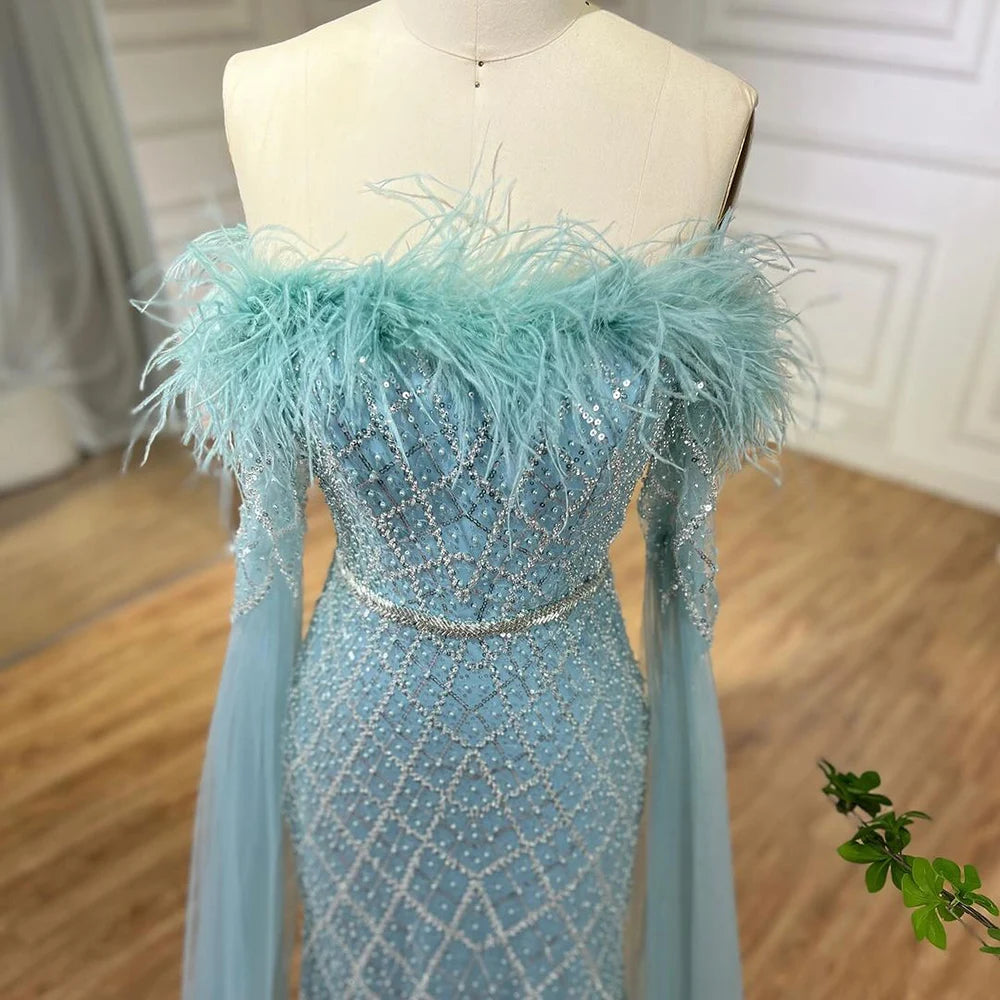 Luxury Feather Pink Evening Dress with Cape Sleeves LA72169B - SERENE HILL