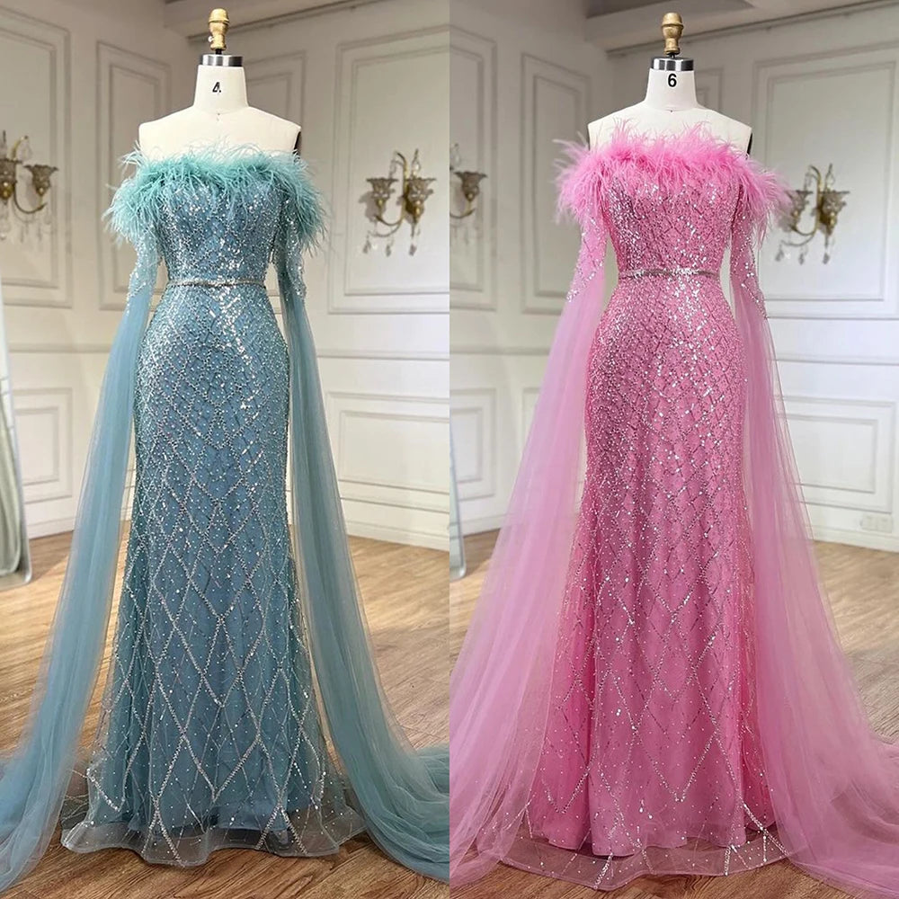 Luxury Feather Pink Evening Dress with Cape Sleeves LA72169B - SERENE HILL