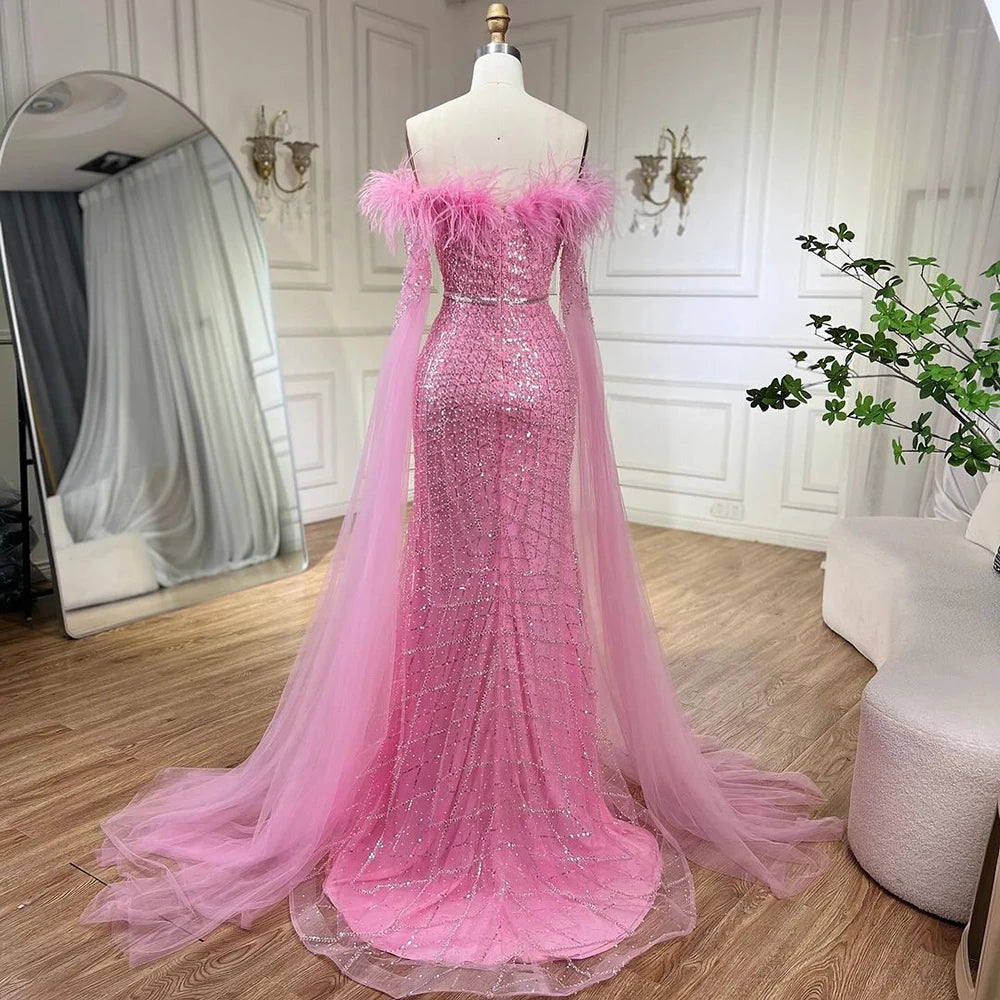 Luxury Feather Pink Evening Dress with Cape Sleeves LA72169B - SERENE HILL