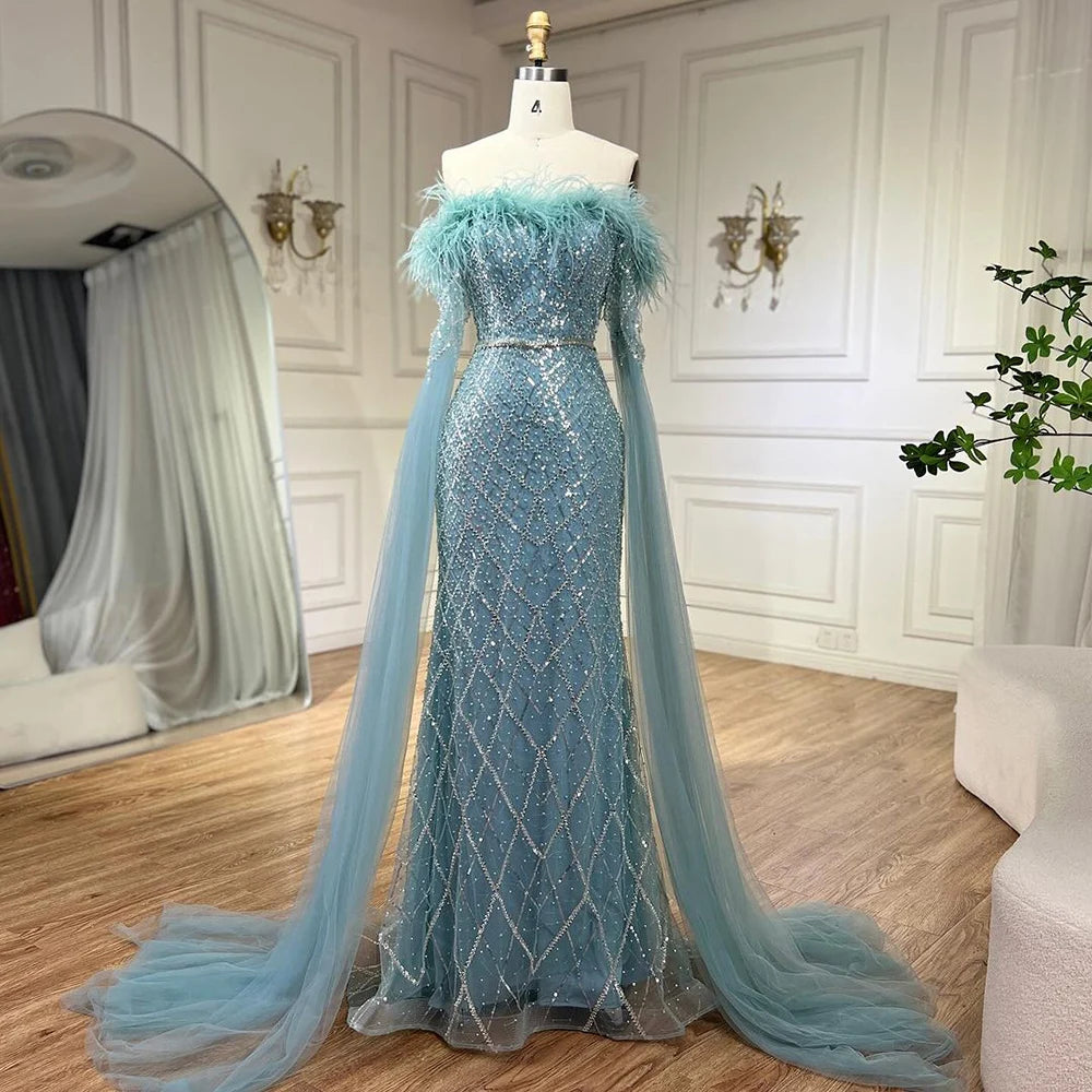 Luxury Feather Pink Evening Dress with Cape Sleeves LA72169B - SERENE HILL