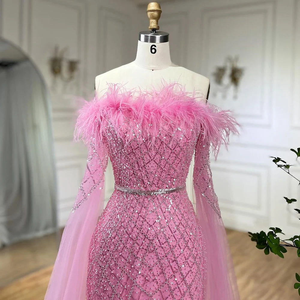 Luxury Feather Pink Evening Dress with Cape Sleeves LA72169B - SERENE HILL