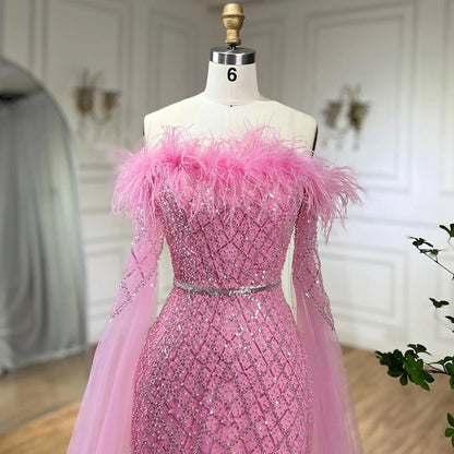 Luxury Feather Pink Evening Dress with Cape Sleeves LA72169B - SERENE HILL