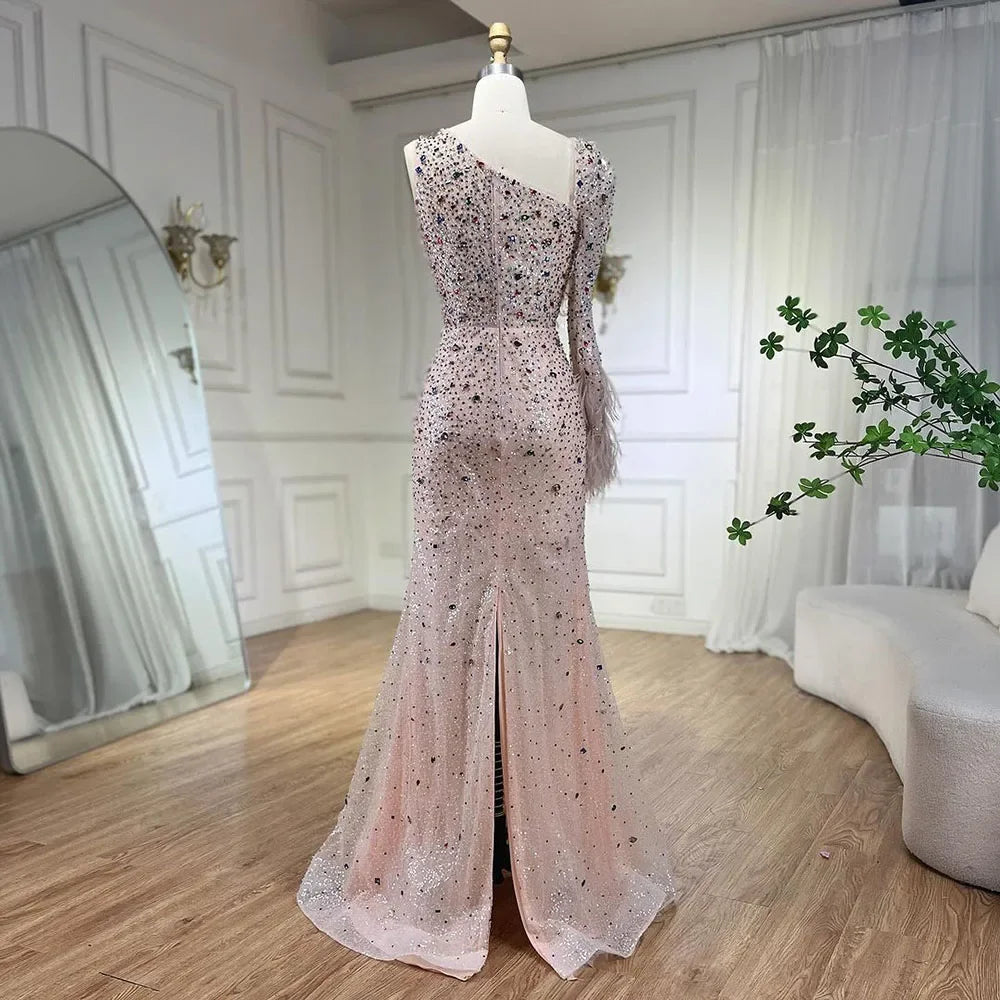 Serene Hill Pink Elegant Mermaid with Skirt Crystal Beaded Feathers Luxury Evening Dress Ladies Wedding Party Dress 2025 LA72377 - SERENE HILL