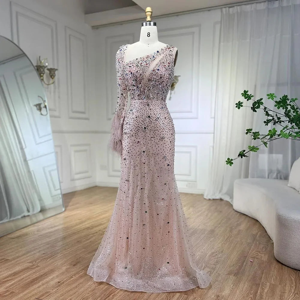 Serene Hill Pink Elegant Mermaid with Skirt Crystal Beaded Feathers Luxury Evening Dress Ladies Wedding Party Dress 2025 LA72377 - SERENE HILL