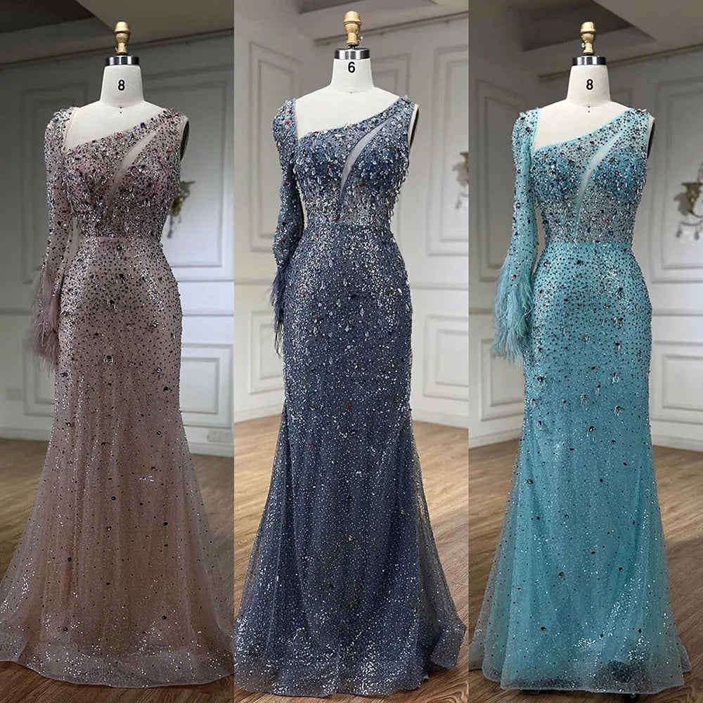 Serene Hill Pink Elegant Mermaid with Skirt Crystal Beaded Feathers Luxury Evening Dress Ladies Wedding Party Dress 2025 LA72377 - SERENE HILL