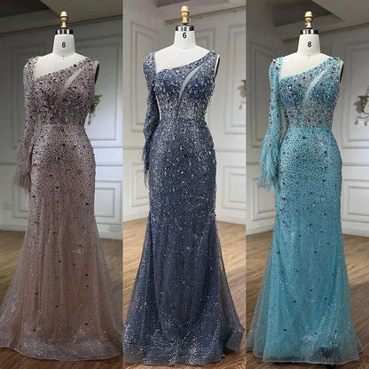 Serene Hill Pink Elegant Mermaid with Skirt Crystal Beaded Feathers Luxury Evening Dress Ladies Wedding Party Dress 2025 LA72377 - SERENE HILL