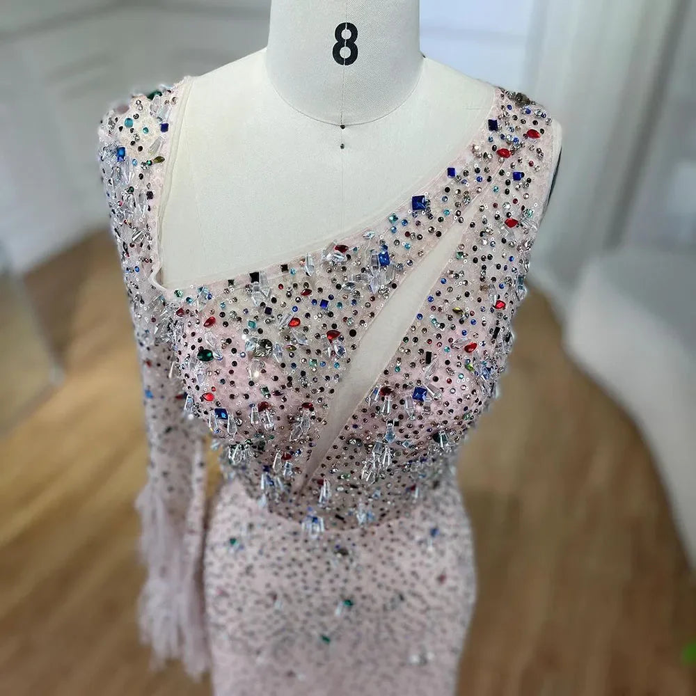 Serene Hill Pink Elegant Mermaid with Skirt Crystal Beaded Feathers Luxury Evening Dress Ladies Wedding Party Dress 2025 LA72377 - SERENE HILL