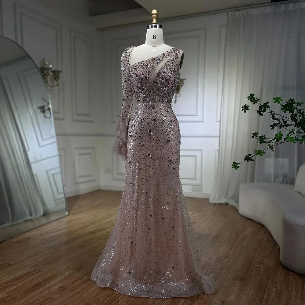 Serene Hill Pink Elegant Mermaid with Skirt Crystal Beaded Feathers Luxury Evening Dress Ladies Wedding Party Dress 2025 LA72377 - SERENE HILL