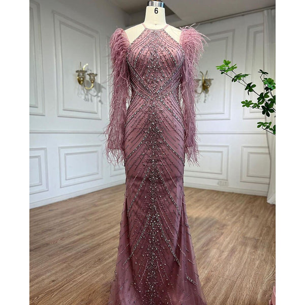 Serene Hill Pink Feathers Mermaid Elegant Long Evening Dresses 2025 Luxury Dubai Gowns for Women Wedding Party LA72116