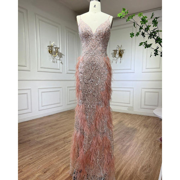 Serene Hill Pink Feathers Mermaid Evening Dresses 2025 Luxury Dubai Gowns for Women Wedding Party LA72105
