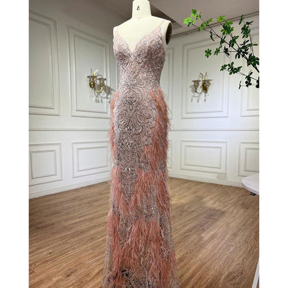 Serene Hill Pink Feathers Mermaid Evening Dresses 2025 Luxury Dubai Gowns for Women Wedding Party LA72105 - SERENE HILL