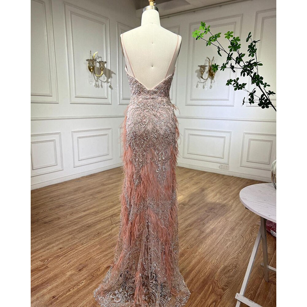 Serene Hill Pink Feathers Mermaid Evening Dresses 2025 Luxury Dubai Gowns for Women Wedding Party LA72105 - SERENE HILL